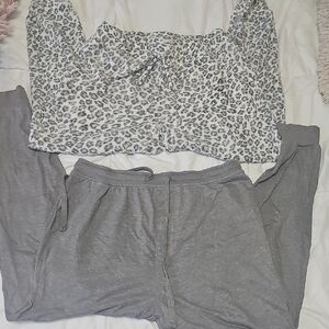 American Eagle Outfitters Gray Leopard Print Tie-Front Top and Joggers